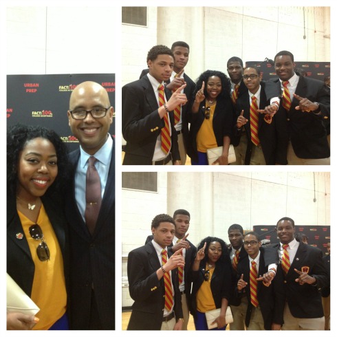 Nikki and The City pictured with founder of Urban Prep, Tim King and some students holding up one finger (for No. 1), which signifies 100 percent acceptance into college.
