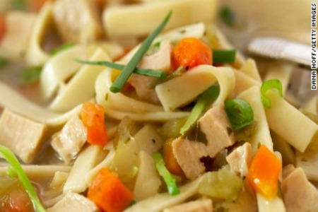 Chicken noodle soup, close up