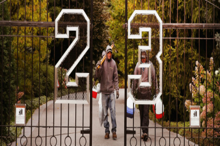 A gate with the number 23 controls access to the home of basketball legend Michael Jordan on October 21, 2013 in Highland Park, Illinois. Twenty-three is the number Jordan wore while playing basketball for the Chicago Bulls. The home which had been offered for sale for $29 million and later dropped to $21 million had been scheduled to be sold at auction on November 22 but the auction is now Monday. The 32,683-squre-foot home features nine bedrooms, 19 bathrooms, a 15-car attached garage and an ' | Scott Olson via Getty Images