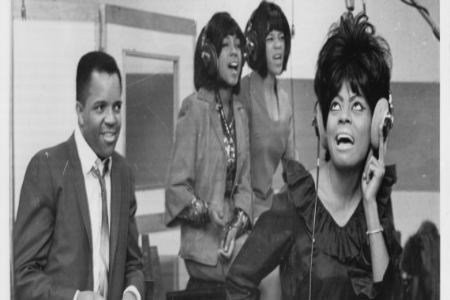(L-R) Berry Gordy Jr, head of Motown Records with The Supremes, (L-R) Mary Wilson, Florence Ballard, Diana Ross, in the recording studio at Motown Records, Detroit, USA, 14th January 1965. (Photo by Gilles Petard/Redferns) | Gilles Petard via Getty Images