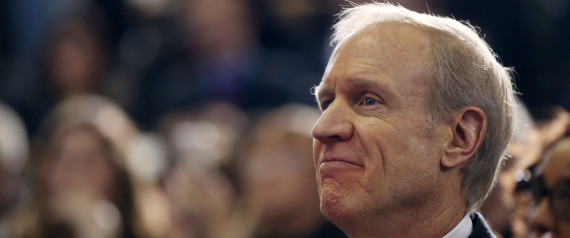 Illinois Gov. Bruce Rauner watches from his seat in the audience as President Barack Obama speaks on the designation of the Pullman National Monument Thursday, Feb. 19, 2015, at Gwendolyn Brooks College Preparatory Academy in Chicago. (AP Photo/Chicago Tribune, Anthony Souffle, Pool)