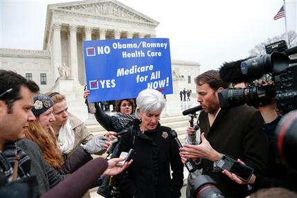 Former Health and Human Services Secretary Kathleen Sebelius speaks with reporters outside the Supreme Court in Washington, Wednesday, March 4, 2015. The Supreme Court heard arguments in King v. Burwell, a major test of President Barack Obama's health overhaul which, if successful, could halt health care premium subsidies in all the states where the federal government runs the insurance marketplaces. (AP Photo/Andrew Harnik)