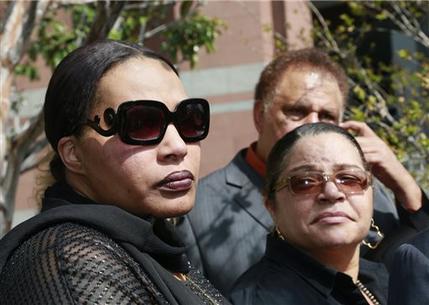 Marvin Gaye's daughter, Nona Gaye, left, and his ex-wife, Jan Gaye, take questions from the media outside Los Angeles U.S. District Court, after a jury awarded the singer's children nearly $7.4 million after determining singers Robin Thicke and Pharrell Williams copied their father's music to create "Blurred Lines," Tuesday, March 10, 2015. Nona Gaye wept as the verdict was read and was hugged by her attorney. (AP Photo/Nick Ut)