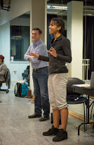 American Theater Company Artistic Director PJ Paparelli and Briana Stuart in rehearsal for in rehearsal for ATC's world premiere documentary play "The Project(s)." Image by Michael Brosilow.