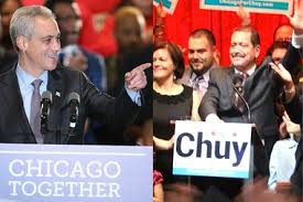 Mayor Rahm Emanuel and Jesus 'Chuy' Garcia at their campaign headquarters