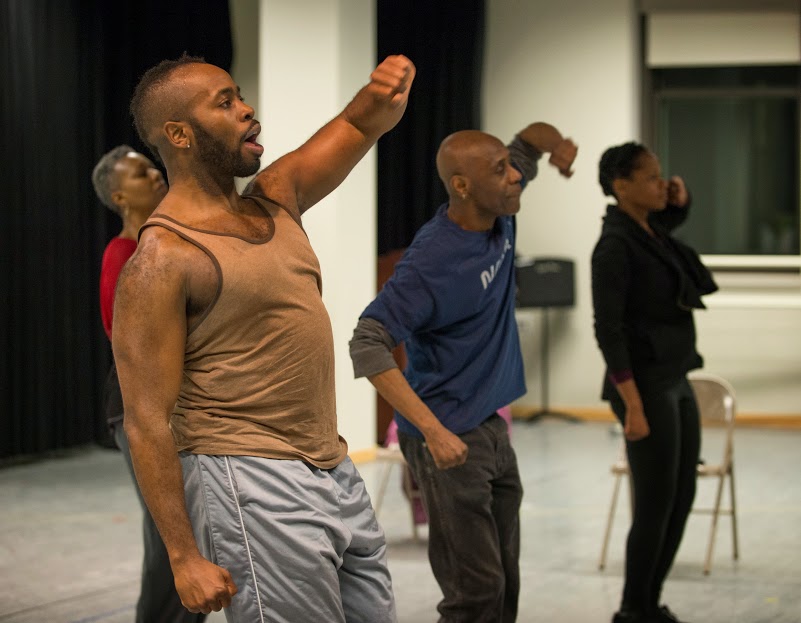 (L to R) Penelope Walker, Stephen Conrad Moore, Kenn E. Head and Eunice Woods in rehearsal for American Theater Company's world premiere documentary play "The Project(s)." Image by Michael Brosilow.