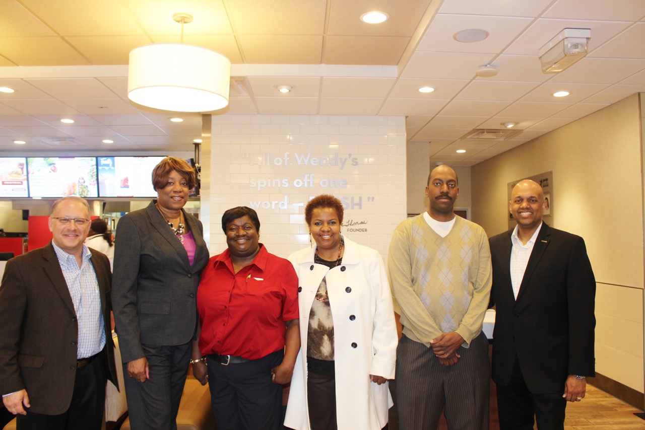 [Pictured l-r] On hand for the special ribbon cutting moment was Wendy's Director of Operations- Steve Johnson, Alderman Pat Dowell (3rd Ward), Wendy's Restaurant General Manager-Anita Saddler, Washington Park Chamber of Commerce President and CEO-Donna Hampton-Smith, Khalil Umrani and CH2M HILL Midwest Director-Clayton Harris III.