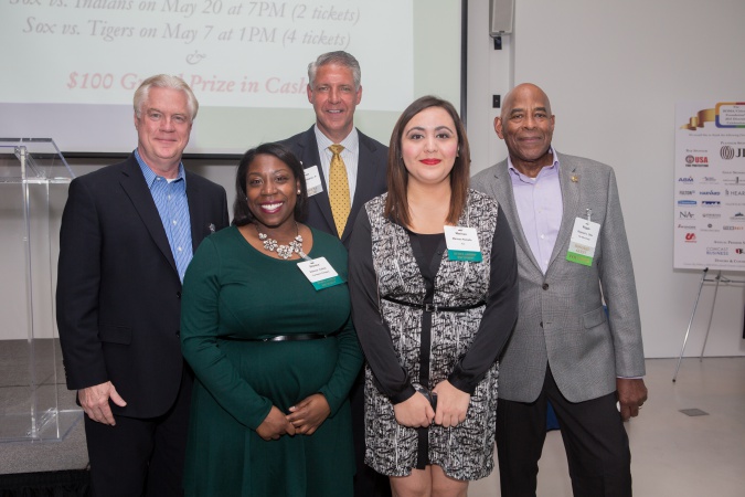 Top row (left to right): George Kohl, Sterling Bay; Steve Zsigray, JLL; Reggie Ollie, The Ollie Group (namesake of the “Ollie Scholarship” and founding member of BOMA’s original Diversity Committee) · Bottom row (left to right): Shenica Collins, The Hearn Company; Marissa Rosado, JLL (2015 Ollie Scholarship recipients)