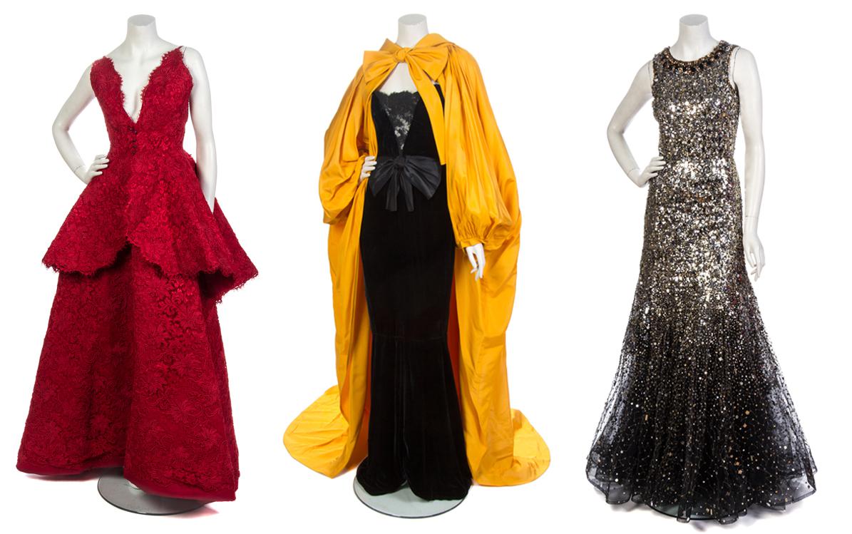 1.Nina Ricci Couture Red Corded Lace Evening Ensemble 2.Yves Saint Laurent Evening Ensemble 3.Oscar De La Renta Sequined Evening Gown