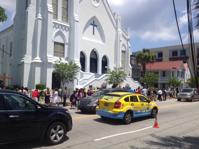 In front of Emanuel AME Church in Charleston, South Carolina as people line up for memorial service.