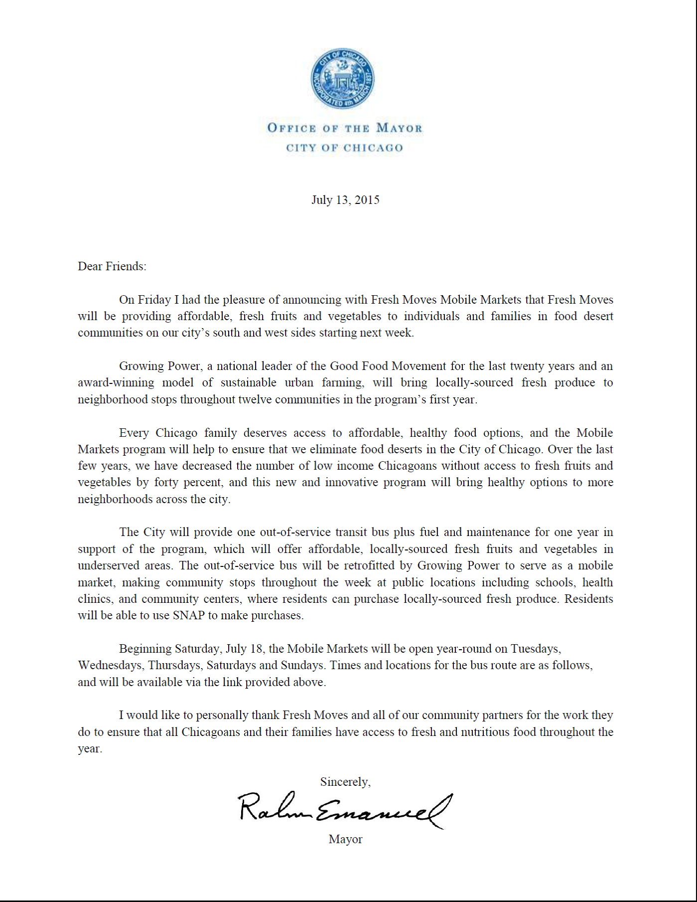 Letter from Mayor Rahm Emanuel