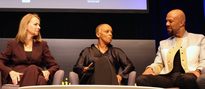 Picture l-r: Nina Vinik, Monica Haslip and Common speak on Chicago Ideas Week panel. Photo Credit: Mary L. Datcher