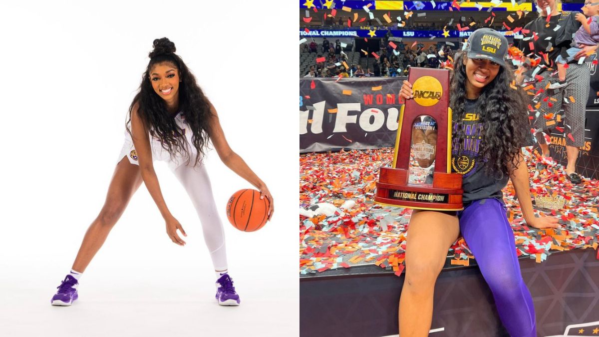 collage of angel reese, lsu womens basketball player