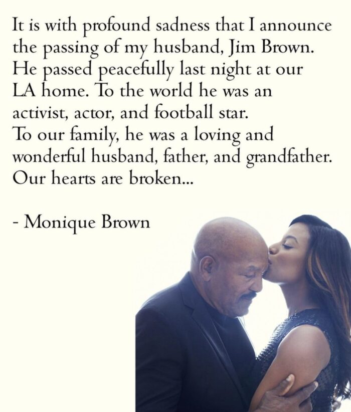 Jim Brown's wife Monique with a statement on her husband's death.
