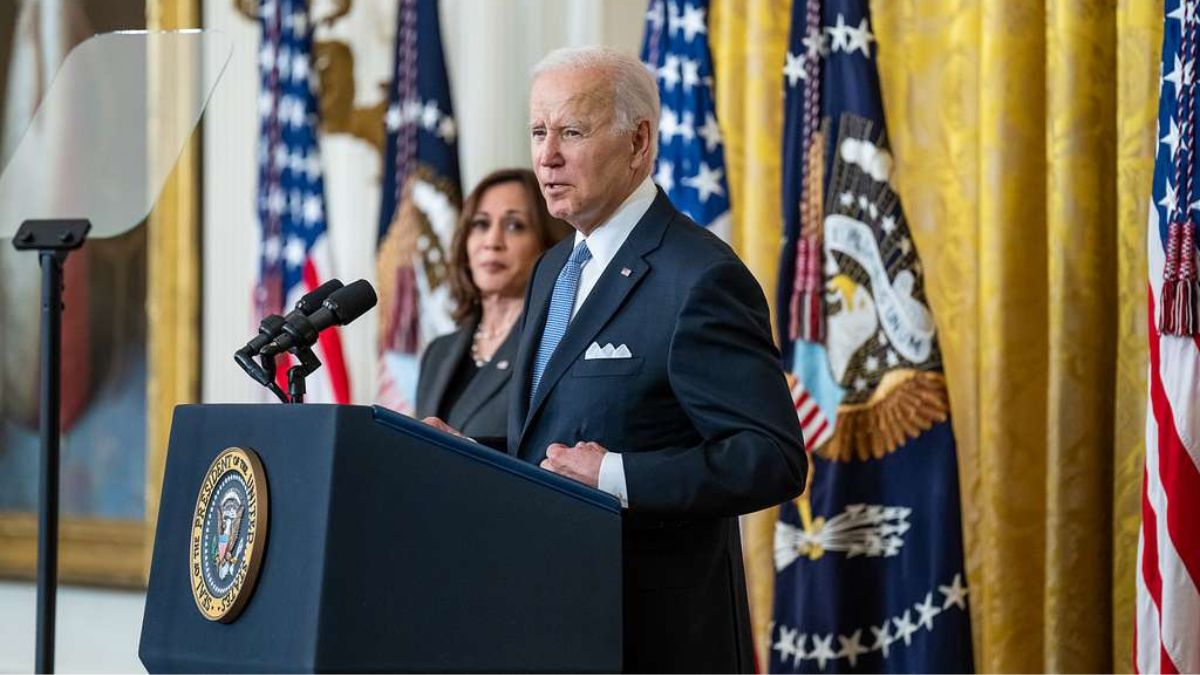 President Joe Biden delivers remarks before signing an executive order with Vice President Kamala Harris