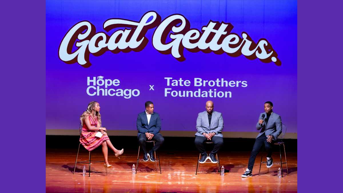 Moderated by CBS2 reporter Jamaica Ponder, West Side of Chicago natives Larenz, LaRon and Lahmard Tate speak to Hope Scholars about growing up in Chicago and their pathways to success in both higher education and careers on June 27 at the Hope Chicago GoalGetters 2024 Conference at Illinois Institute of Technology.