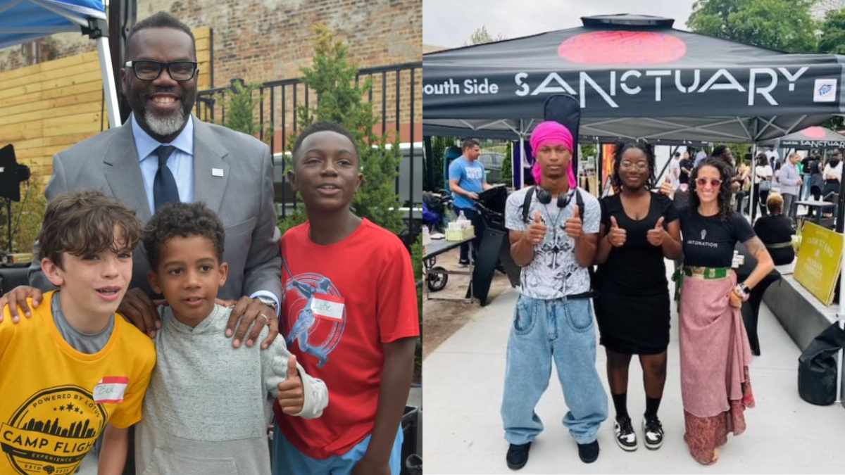 Mayor Brandon Johnson and some young attendees at the ribbon cutting for the new South Side Sanctuary in Bronzeville