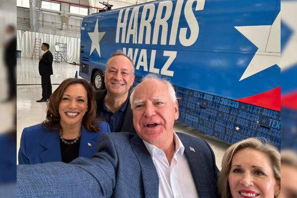 VP Kamala Harris and husband Douglas Emhoff and Tim Walz with his wife Gwen