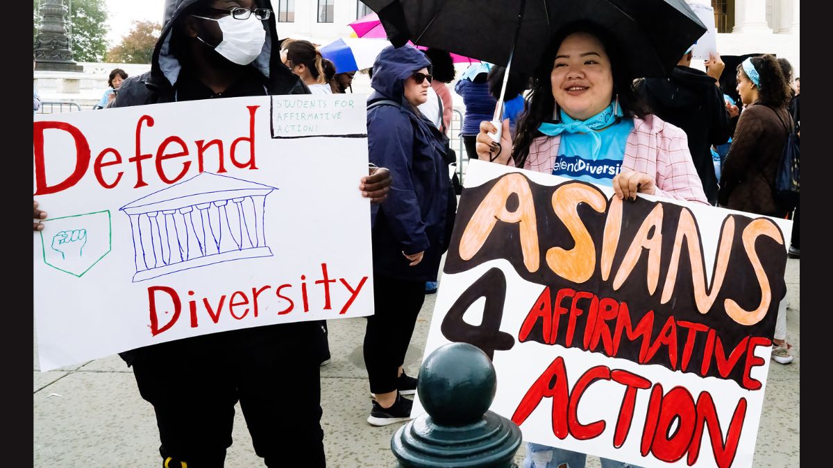 Student protestors outside the Supreme Court as affirmative action cases argued inside