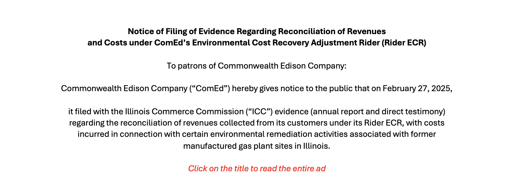 Notice of Filing of Evidence Regarding Reconciliation of Revenues and ...