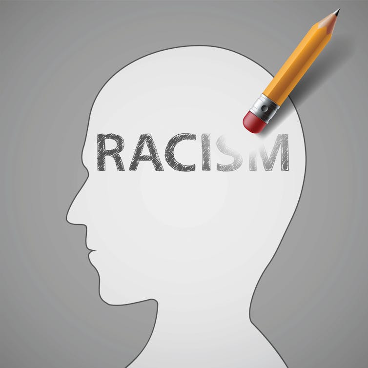 An eraser erases the word racism in the head.