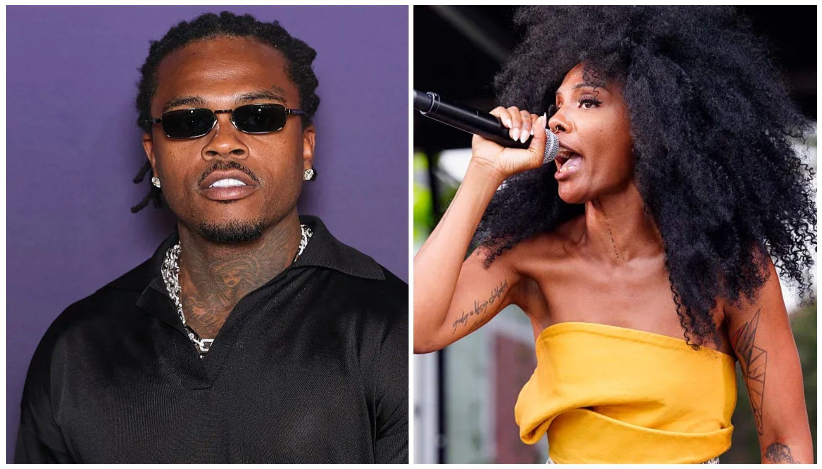 Side-by-side collage of a man wearing sunglasses and black shirt against purple background, and a woman singing into a microphone wearing a yellow top.
