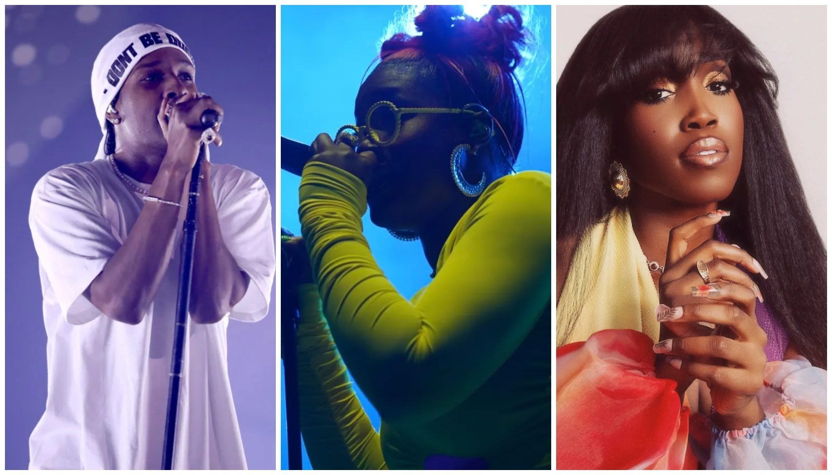 Three-panel collage: Left panel shows a male performer singing into a microphone wearing a white headband and white shirt. Center panel shows a performer in a yellow and green outfit with blue hair and large hoop earrings against a blue background. Right panel shows a female performer with long black hair, gold hoop earrings, and colorful clothing.