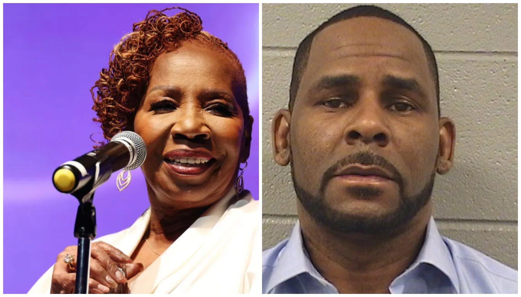 Side-by-side comparison of two individuals: left shows a woman singing into a microphone against a purple background; right shows a man's mugshot-style photograph against a brick wall.